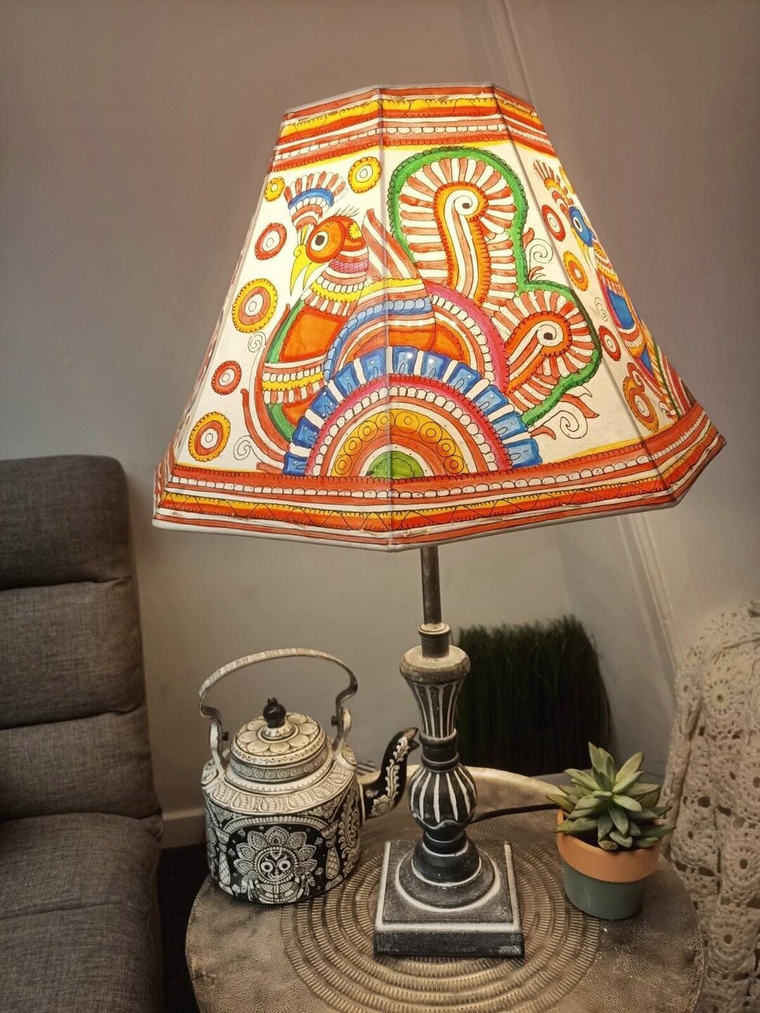 PEACOCK LAMPSHADE, Cosy Bedside Table Lamp, Boho Table Lamp, Hand ...