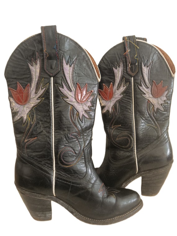 Girls LEATHER COWBOY BOOTS with Tulip Flower Desi… - image 2