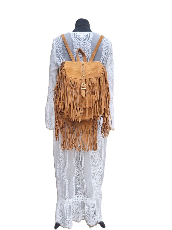【PORTERNA】Robe Western Suede Backpack Large Women Western Leather Backpack With Fringe, Hippie