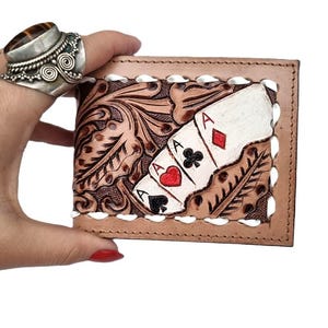 Bifold Leather Wallet with Poker Cards Design, Las Vegas Gift Poker Player, Western Wallet for Women, Floral Tooled Leather Purse