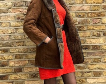 LEATHER SHEEPSKIN COAT s xs, 70s Vintage Hippie Jacket Tan, Women's Winter Coat, Warm Fur Lined Leather Coat Boho, Festival Fashion