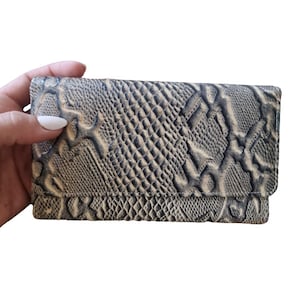 Cartera de piel de serpiente con cremallera - Cartera grande de piel auténtica en color gris negro - Cartera larga con estampado de serpiente Vintage