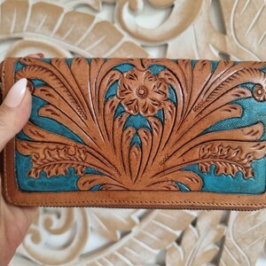 PORTEFEUILLE EN CUIR TOOLED avec fermeture éclair, sac à main western pour femme de style vintage, accessoires de cow-girl