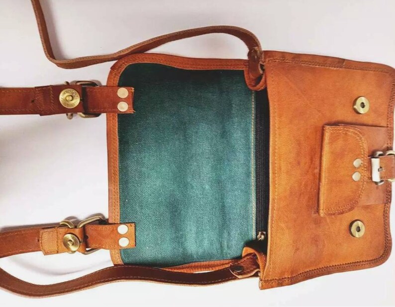 Small LEATHER SADDLE BAG Tan Brown Handmade Hippie Handbag Ethnic Leather Bag Boho Vintage Satchel Bronze Buckle Leather Bag