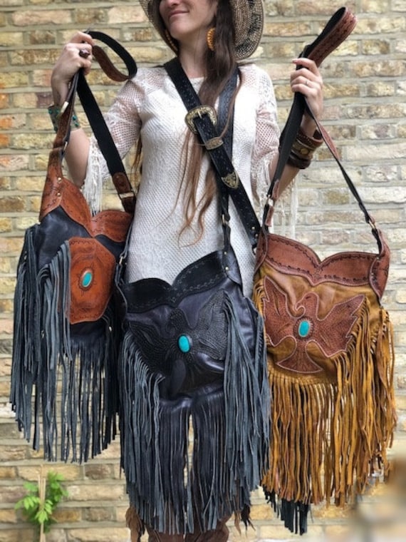 ETHNIC TASSEL PURSE, Native American Fringe Leather Bag, Leopard