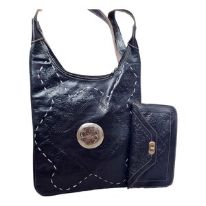 Conjunto de bolso y billetera de cuero genuino, bolso bandolera marroquí grande, bolso de mano estilo western con labrado, billetera plegable larga, regalo único para mujer.
