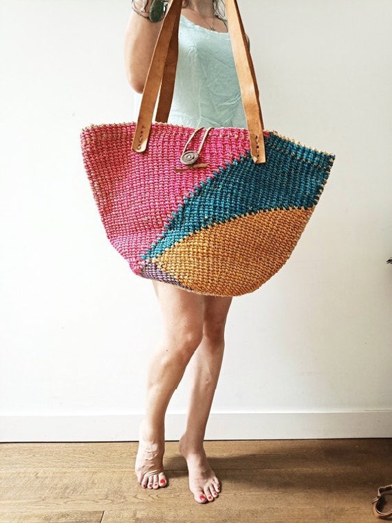 VINTAGE SISAL LEATHER Bag | 60s 70s Woven Bucket B