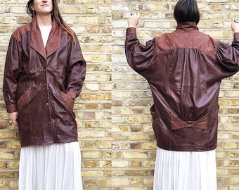 80s VINTAGE LEATHER COAT M 14 12, Women's Biker Jacket Real Leather, 1980s Winter Jacket Dark Brown, Shoulder Pads Batwing Sleeves