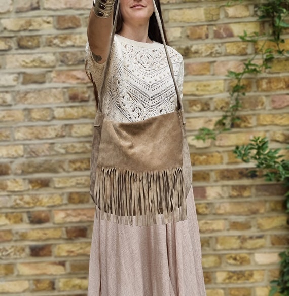 Beige VINTAGE TASSEL BAG, Hippie Leather Fringe P… - image 4