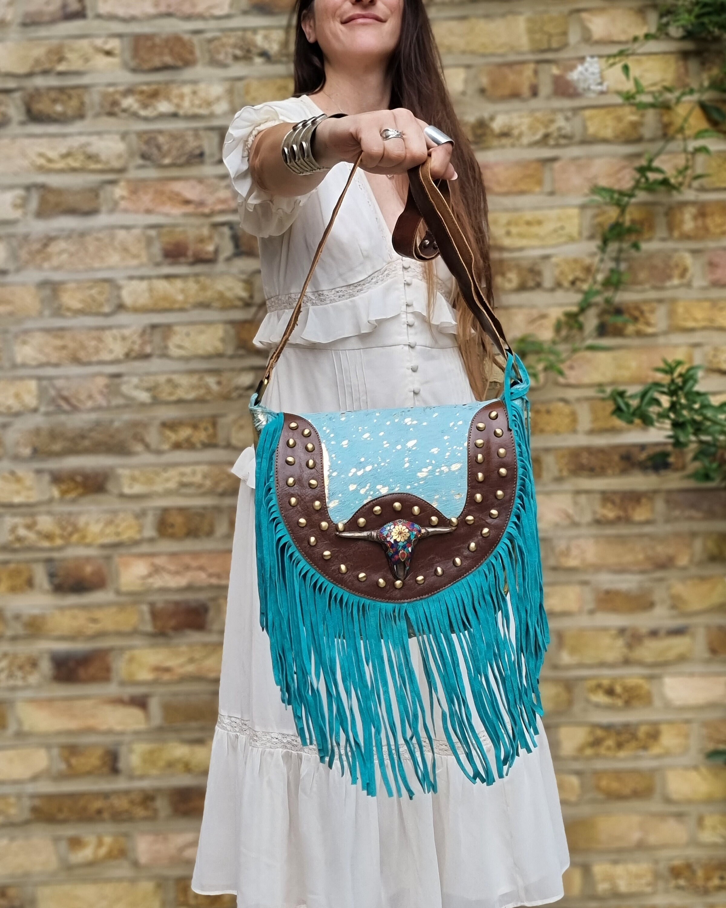 TURQUOISE LEATHER BAG Tassels Vintage Western Purse Real Cowhide