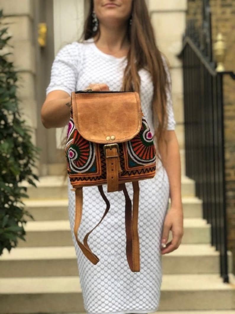 Mini Flower LEATHER BACKPACK, Small Vintage Multicoloured Bag, Floral Embroidered Hippie Bag, Ethnic Bag Tan, Hippie Rucksack Real Leather 