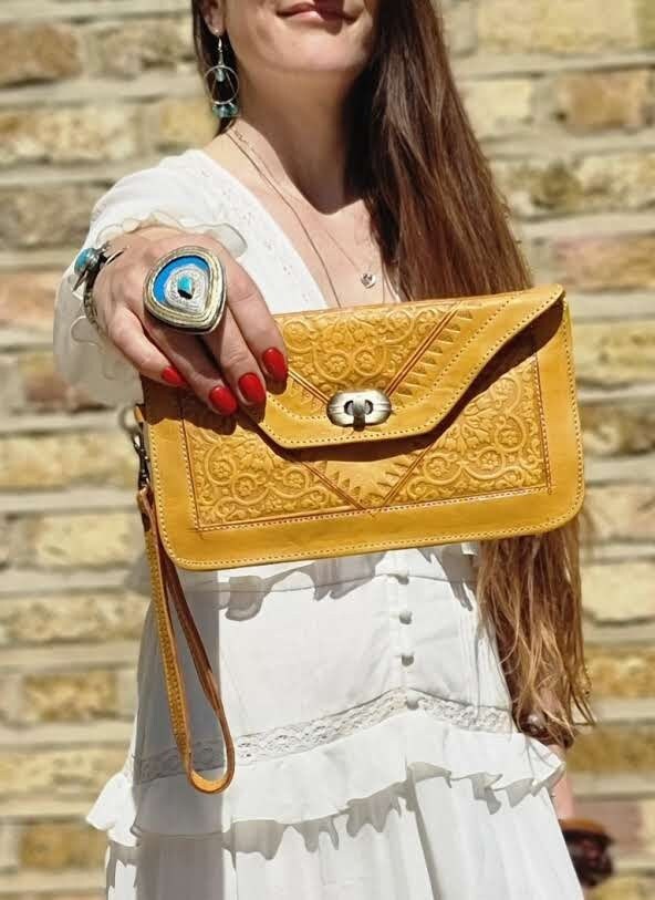 Keep It Gypsy Trifold Gold Distressed Hand Tooled Wallet Wristlet