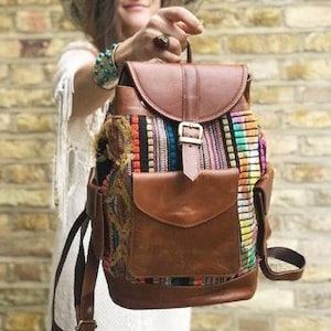 Large Hippie Leather Backpack Purse with Multicoloured Rainbow Stripes - Unique Tapestry Rucksack for Women - Quirky Festival Bag