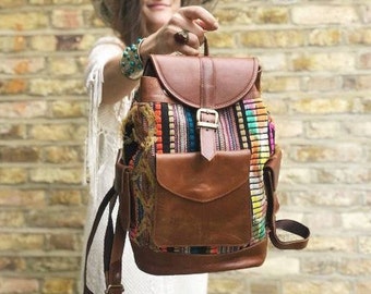 Large Hippie Leather Backpack Purse with Multicoloured Rainbow Stripes - Unique Tapestry Rucksack for Women - Quirky Festival Bag