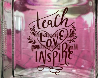 Teacher Candy Jar, Best Teacher Ever, Teach, Love, Inspire, Teacher Appreciation, Candy Jar, Hair Accessories, Desk Accessory