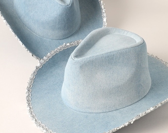 Denim Cowboy Hat with Sequins on the Edge, Stylish Outdoor Hat for UV Protection and Casual-Looking Fashion, Summer Hat, Safari Hat