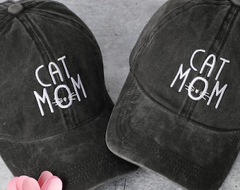 CAT MOM Lettering Embroidered Washed Cotton Baseball Cap Hat, Cat MOM Baseball Hats, Best Gift for Cat Mom,