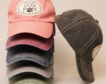 Dog Mom Canvas Patched Baseball Hat, Washed Cotton Cap, Dad Hat, Gift for Dog lovers, Baseball Cap, Cotton Adjustable Baseball Cap