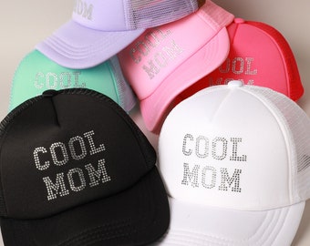 C.C COOL MOM Rhinestone Baseball Cap with Mesh Back, Summer Hat for Women, Trucker Cap, Gift for Mom, Mesh Back Size Adjustable, Outdoor Hat