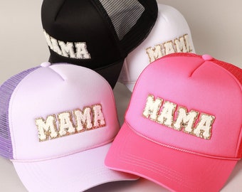 MAMA Chenille Glitter Baseball Cap with Mesh Back, Spring Summer Casual Outdoor Caps, Dad Hat, Adjustable Cap