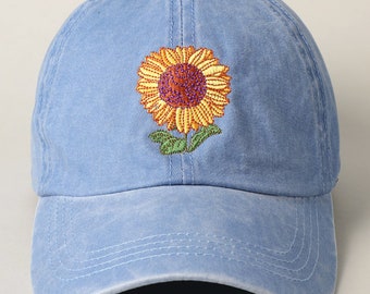 Sonnenblumen-Stickerei-Baseballmütze-Hut, Denim-Baseballmütze, Frauen-Männer-Baseballmütze, justierbare Baseballmütze-Hut,