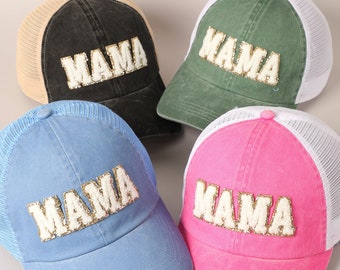 MAMA Chenille Glitter Letter Patch Baseball Cap, Daily Essential for Spring and Summer, Perfect Beach Day Hat, Glitter Chenille Patched Cap