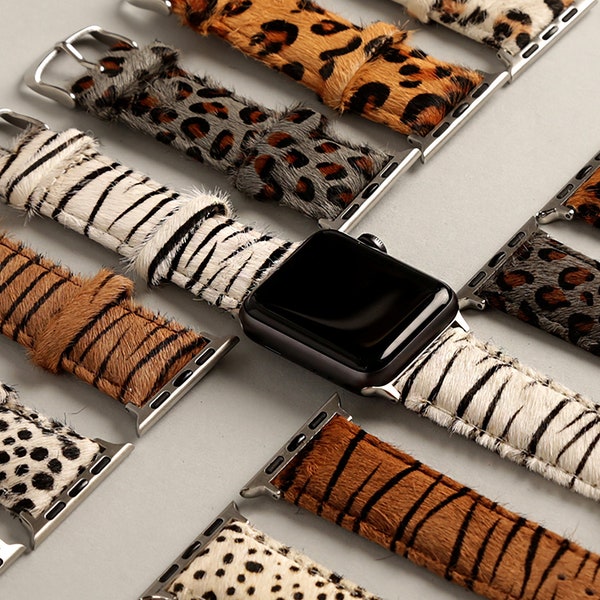 Bracelets Apple Watch, cuir véritable à imprimé animal, guépard, léopard, zèbre pour Apple Watch 38 mm 40 mm 42 mm 44 mm