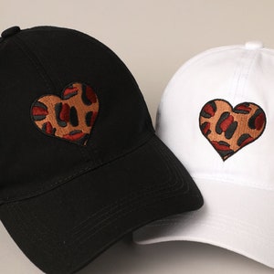 Leopard Heart Embroidered Cap, Cotton Baseball Cap, Trucker Hat, Cotton Hat, Personalized Baseball Hat, Leopard Baseball Cap, Snap Back