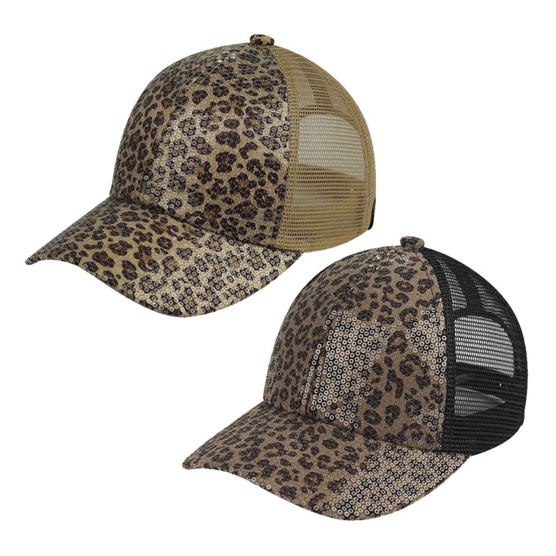 Clear Sequin Leopard Printed Baseball Cap with Meshed Back, Meshed-Back Cap, Meshed Baseball Cap, Leopard Printed Design Cap, Baseball Cap image 1