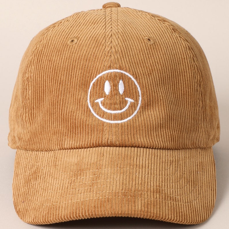 Happy Face Embroidered Corduroy Baseball Cap, Stylish Embroidered Baseball Cap, Personalized Embroidered Baseball Cap, HappyFace Embroidered TAN