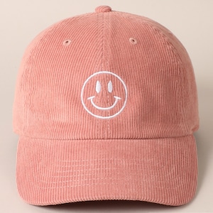 Happy Face Embroidered Corduroy Baseball Cap, Stylish Embroidered Baseball Cap, Personalized Embroidered Baseball Cap, HappyFace Embroidered MAUVE