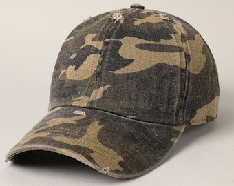 Camouflage Distressed Cap, Washed Cotton Hat,Baseball Cap Hat, Camouflage Cap, Vintage Hat, Distressed Cotton Cap, Distressed Camo Hat,