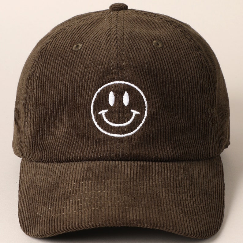 Happy Face Embroidered Corduroy Baseball Cap, Stylish Embroidered Baseball Cap, Personalized Embroidered Baseball Cap, HappyFace Embroidered OLIVE