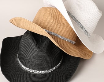 Rhinestone Band Straw Panama Cowboy Hat, Stylish Outdoor Hat for UV Protection and Casual-Looking Fashion, Summer Hat, Safari Hat,Fedora Hat