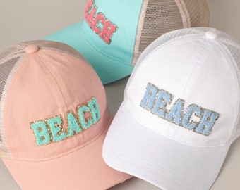 BEACH Chenille Letter Patch Cotton Baseball Hat for Women and Men, Mesh Back Spring Summer Casual Outdoor Caps, Best Gifts