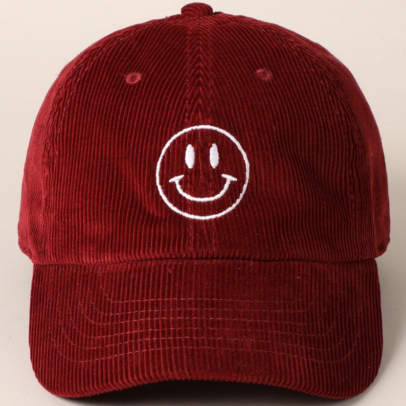 Happy Face Embroidered Corduroy Baseball Cap, Stylish Embroidered Baseball Cap, Personalized Embroidered Baseball Cap, HappyFace Embroidered BURGUNDY