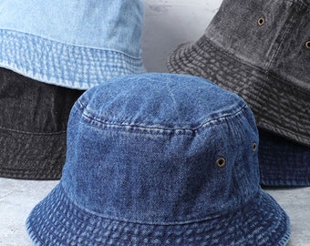 Vintage 100% Washed Cotton Canvas Denim Bucket Hat, Casual Outdoor Fishing Hiking Safari Boonie Hat.