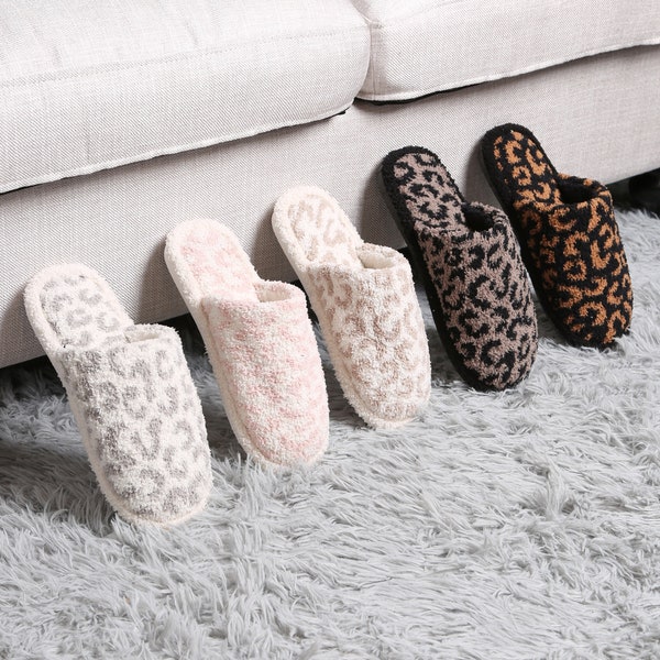 Leopard Print Fluffy Fuzzy Slippers, Indoor Outdoor Non-Slip Slides, House Home Bedroom Slippers for Women Men, Closed-toe Slippers