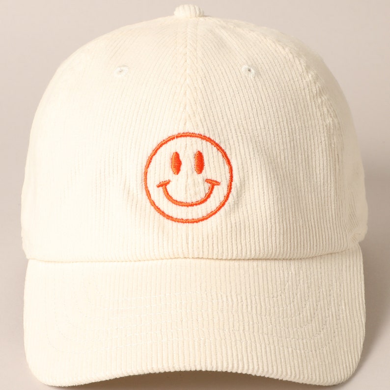 Happy Face Embroidered Corduroy Baseball Cap, Stylish Embroidered Baseball Cap, Personalized Embroidered Baseball Cap, HappyFace Embroidered OFF WHITE
