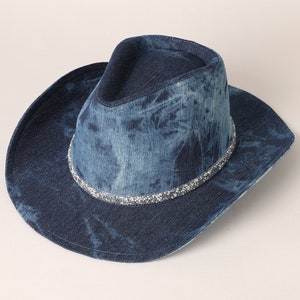 Shiny Rhinestone Band Denim Cowboy Hat, Stylish Outdoor Hat for UV Protection and Casual-Looking Fashion, Summer Hat, Safari Hat, Fedora Hat