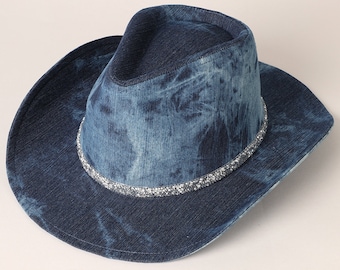 Shiny Rhinestone Band Denim Cowboy Hat, Stylish Outdoor Hat for UV Protection and Casual-Looking Fashion, Summer Hat, Safari Hat, Fedora Hat