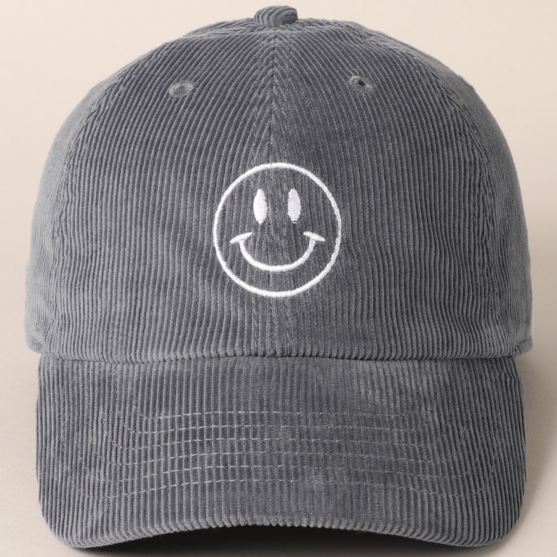 Happy Face Embroidered Corduroy Baseball Cap, Stylish Embroidered Baseball Cap, Personalized Embroidered Baseball Cap, HappyFace Embroidered BLUEGREY