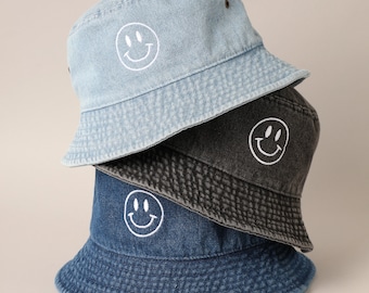 Happy Face Embroidered Denim Bucket Hat, Personalized Custom Embroidered Bucket Hat, Cute Stylish Bucket, Denim Bucket Hat, Outdoor Bucket