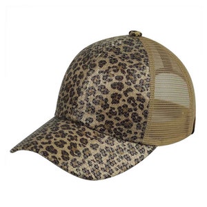 Clear Sequin Leopard Printed Baseball Cap with Meshed Back, Meshed-Back Cap, Meshed Baseball Cap, Leopard Printed Design Cap, Baseball Cap image 2