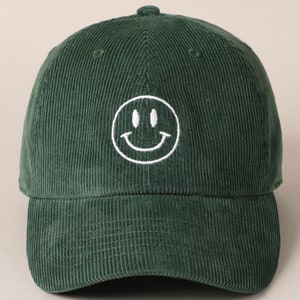 Happy Face Embroidered Corduroy Baseball Cap, Stylish Embroidered Baseball Cap, Personalized Embroidered Baseball Cap, HappyFace Embroidered DARK GREEN