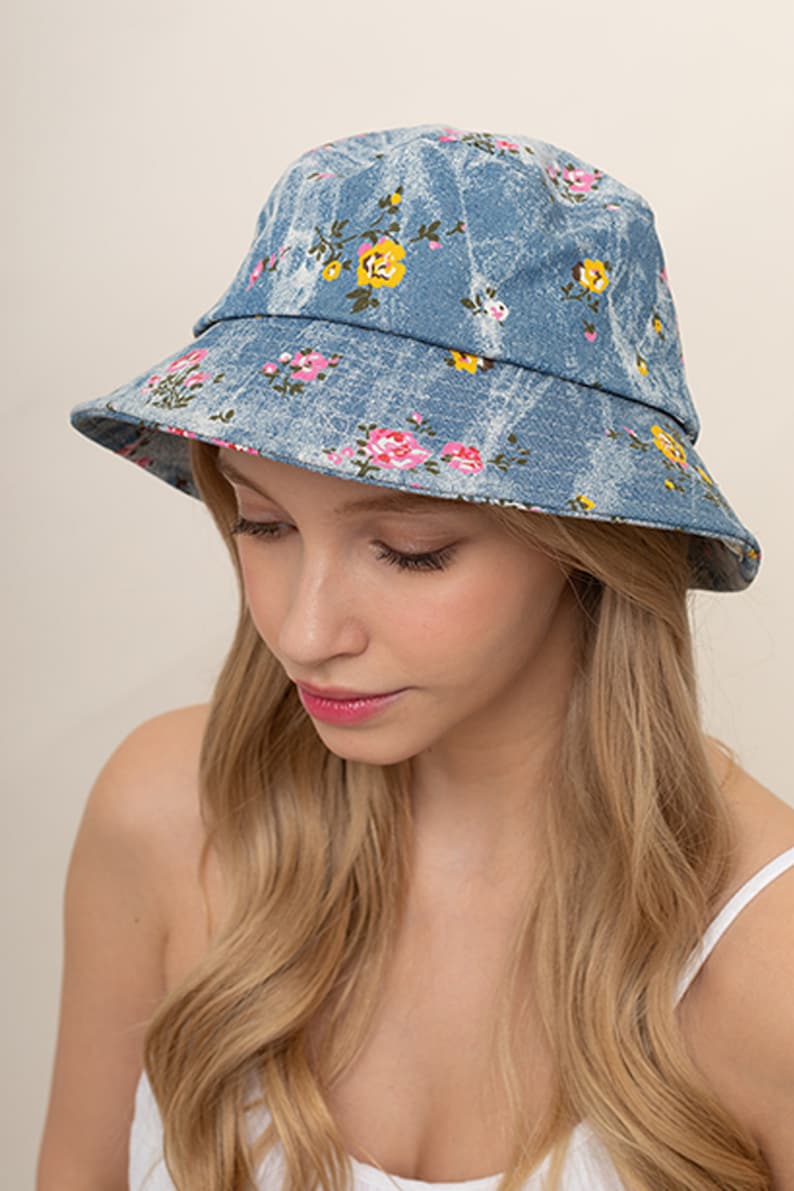 Denim Floral Print Hat Denim Bucket Hat 100 Cotton Bucket Etsy