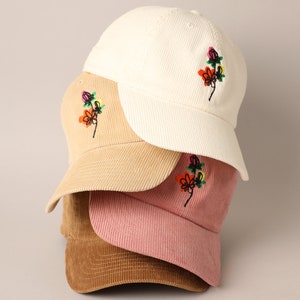 Watercolor Flower Embroidered Corduroy Cap, Personalized Embroidered Corduroy Baseball Caps, Adjustable Baseball Caps for All, Unisex Caps