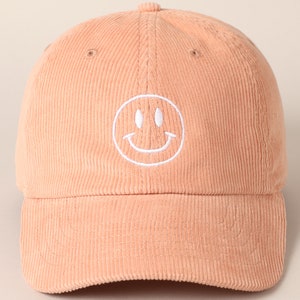 Happy Face Embroidered Corduroy Baseball Cap, Stylish Embroidered Baseball Cap, Personalized Embroidered Baseball Cap, HappyFace Embroidered SMOKE PINK