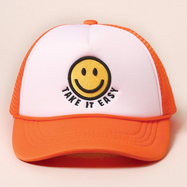 C.C TAKE IT EASY Happy Face Patched Baseball Cap with Mesh Back, Spring Summer Casual Outdoor Caps, Dad Hat, Adjustable Cap