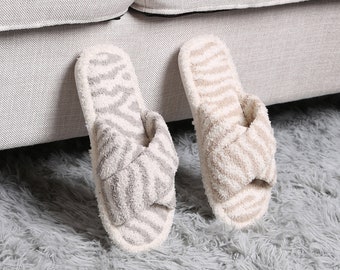 Zebra Print Fluffy Fuzzy Slippers, Indoor Outdoor Non-Slip Slides, House Home Bedroom Slippers for Women Men, Crossover Slippers